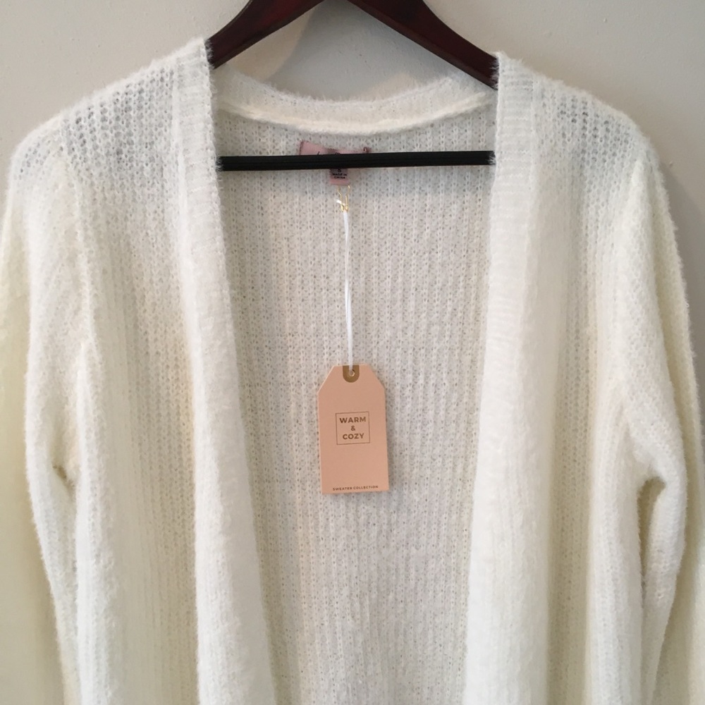 Fuzzy Cardigan Sweater Knitted Slim Fit Open Front Long Sleeve White Warm & Cozy - Picture 11 of 13
